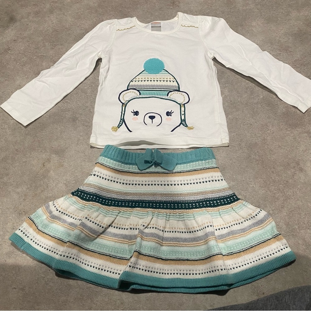 Girls Gymboree White Bear Top and Striped Skirt Set Sz 3t